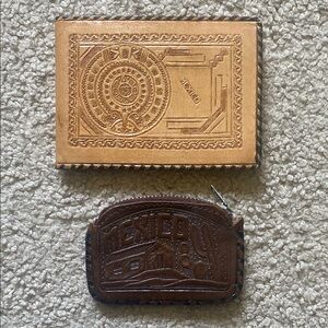 Set Of Two Mexico Genuine Leather Tan And Brown Wallets With Intricate Designs